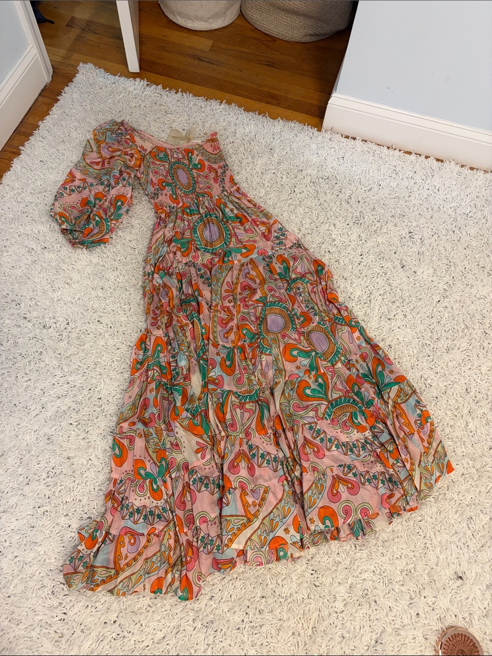 Pink Paisley One-Shoulder Maxi Dress with Puff Sleeve